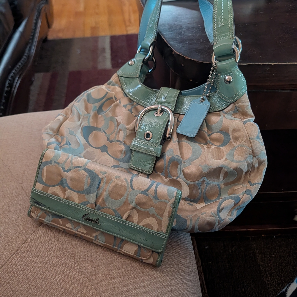 Coach Canvas and Patent Leather Shoulder Bag and Wallet Set - Green and Tan